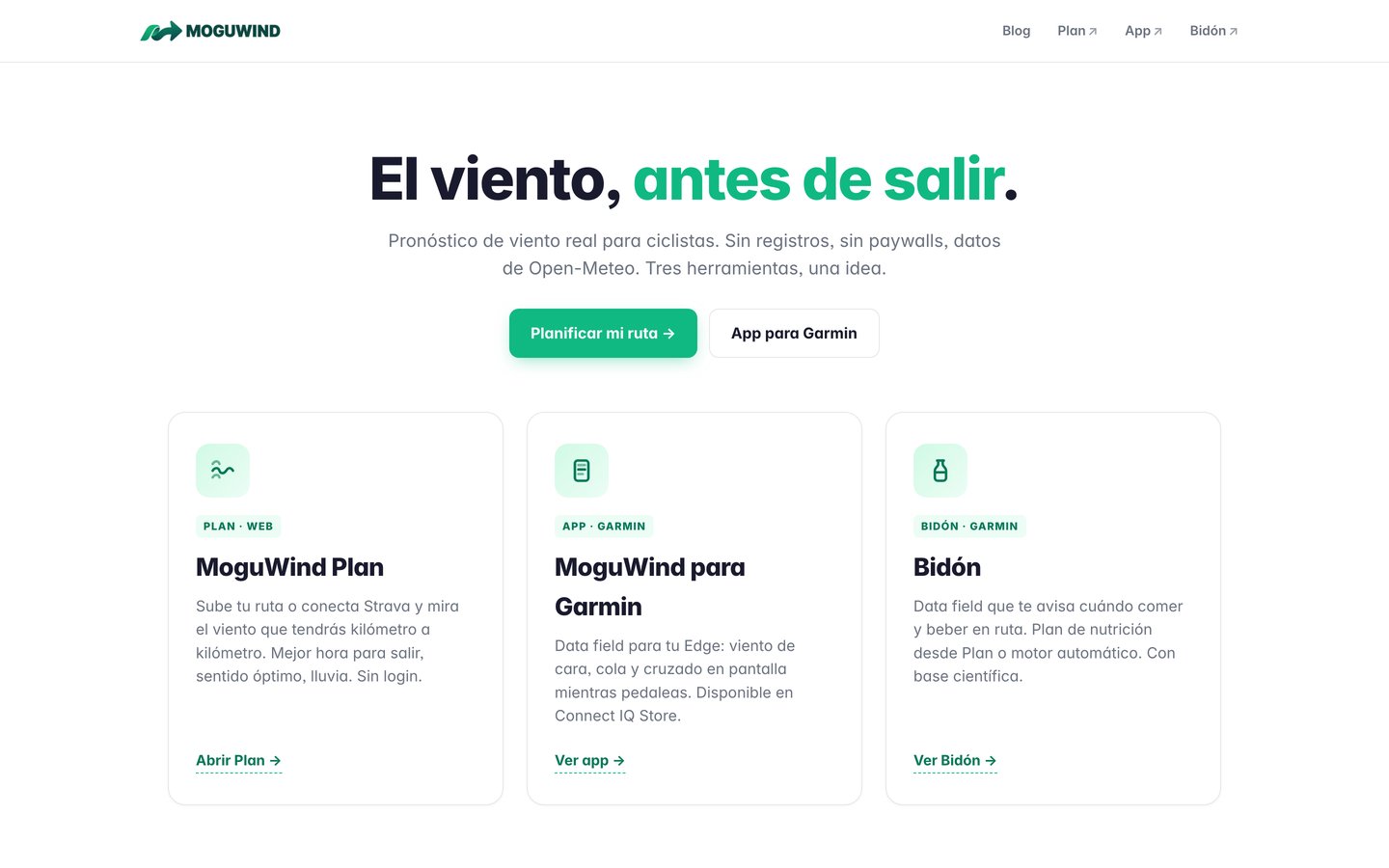 Web de MoguWind, pronóstico de viento para ciclistas, hecha por Mutilva Web